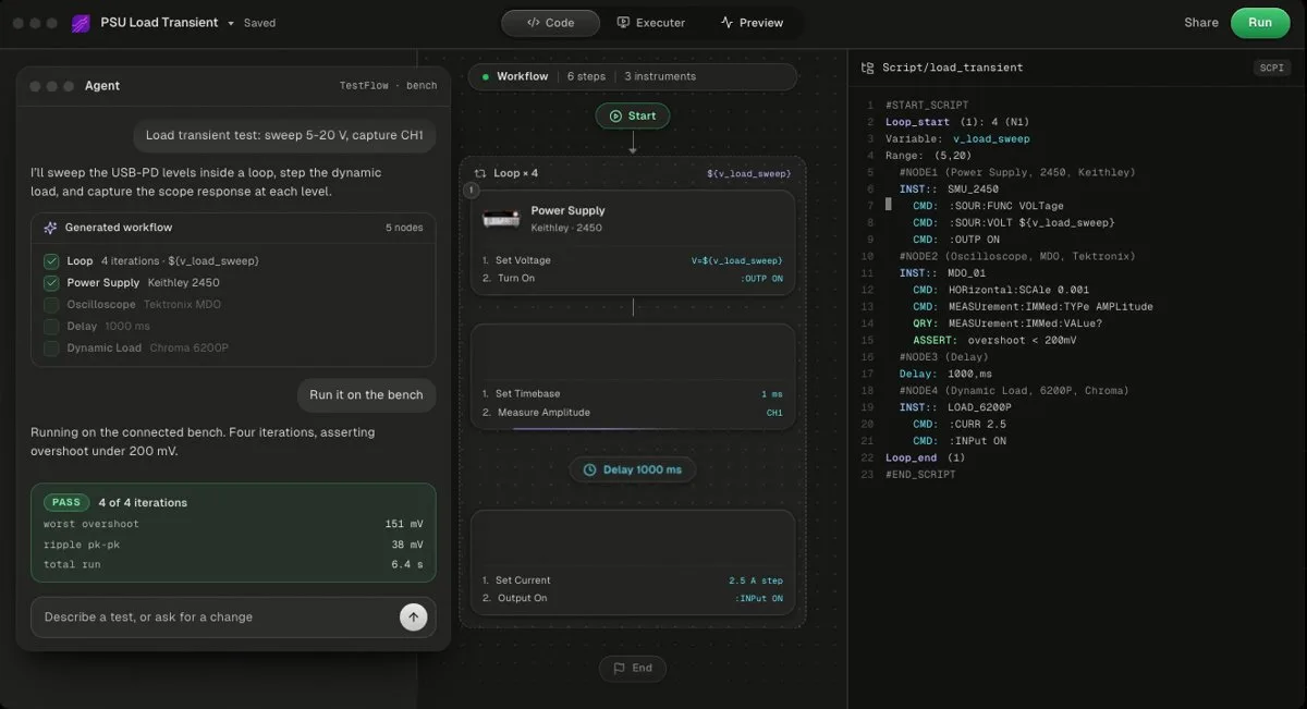 TestFlow: the agent's chat, the workflow it built, and the script for a load-transient test
