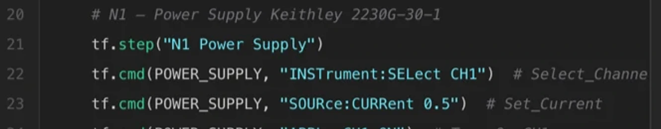 Generated Python calling tf.step with the label N1 Power Supply, then tf.cmd sending INSTrument:SELect CH1 with the trailing comment Select_Channel, then tf.cmd sending SOURce:CURRent 0.5 with the comment Set_Current.