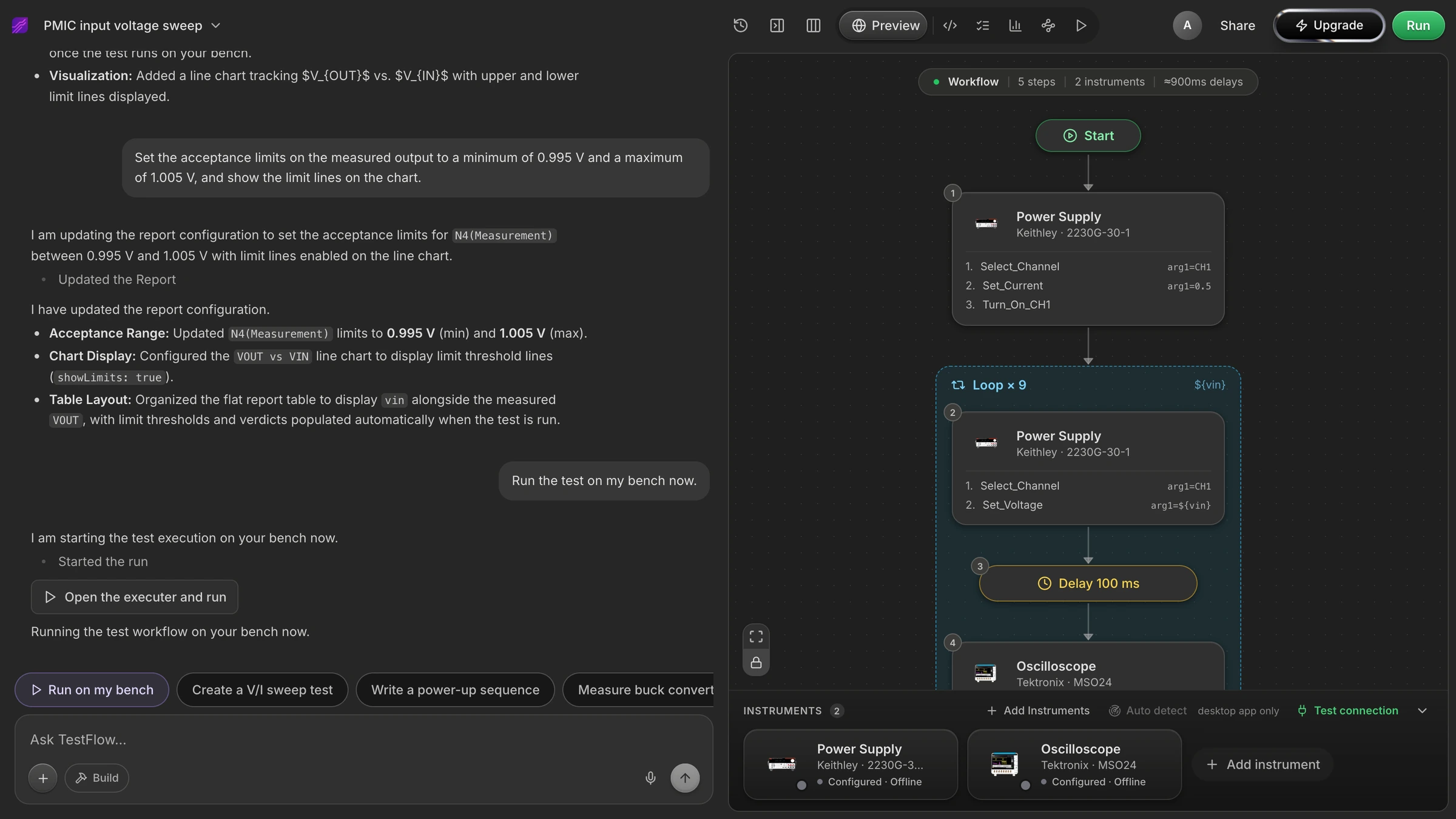 The TestFlow builder: the agent chat on the left with a real conversation, the workflow on the right showing a Start terminal, a power supply step and a loop, and the instrument dock along the bottom.