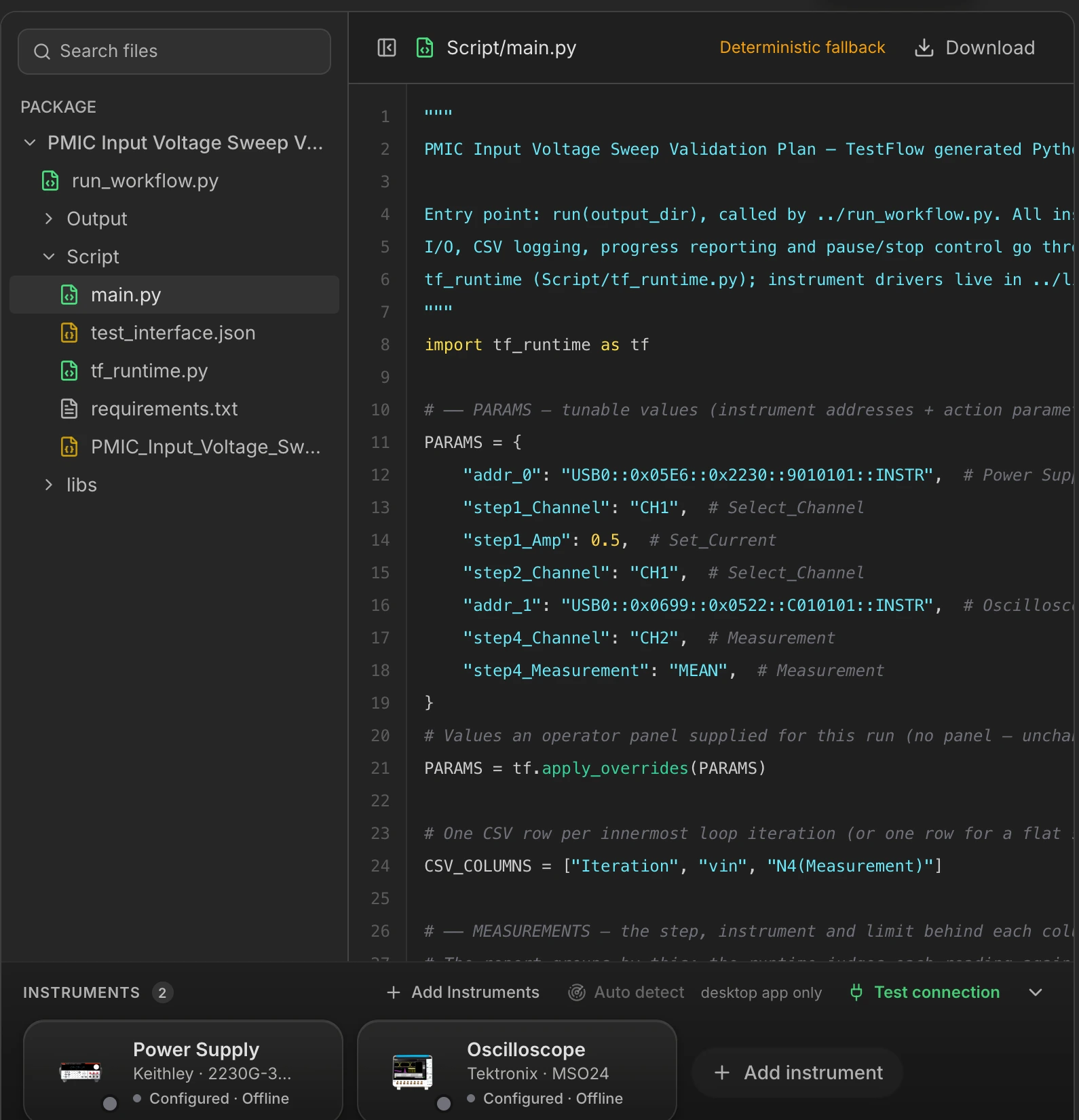 The Code pane: a package file tree on the left listing run_workflow.py, Output, Script and libs, and the generated main.py open on the right with syntax highlighting.