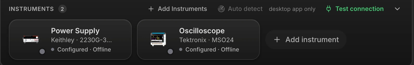 The instrument dock: a count of two instruments, Add Instruments, an Auto detect control marked desktop app only, Test connection, and two instrument cards for a Keithley power supply and a Tektronix oscilloscope, each reading Configured and Offline.