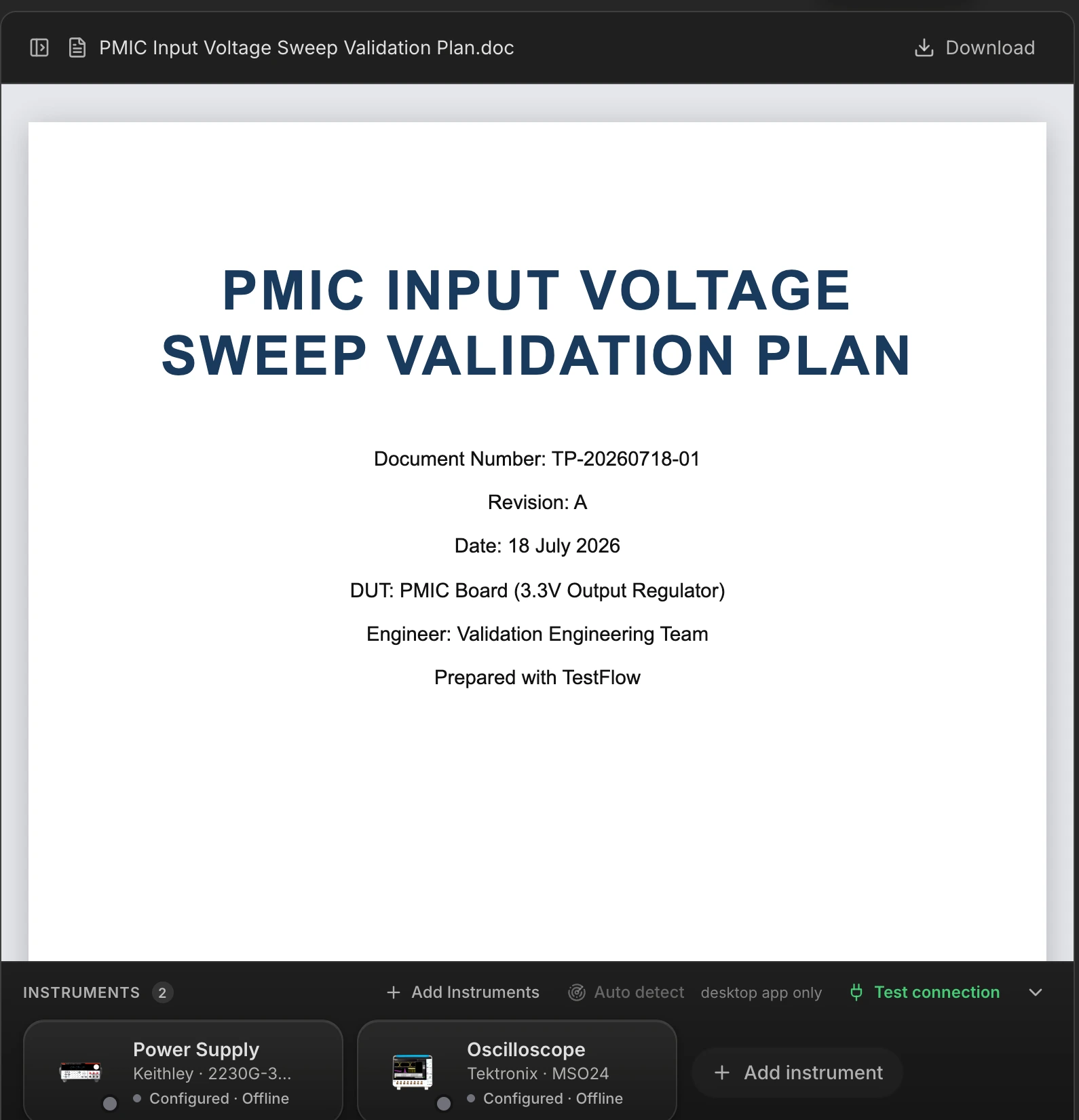 The Plans pane holding a generated validation plan, rendered as a paginated Word-style document.