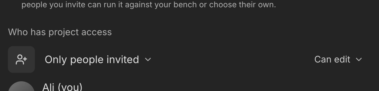 The access controls in the share dialog: a Who has project access heading, an access mode dropdown reading Only people invited, and a role dropdown reading Can edit.