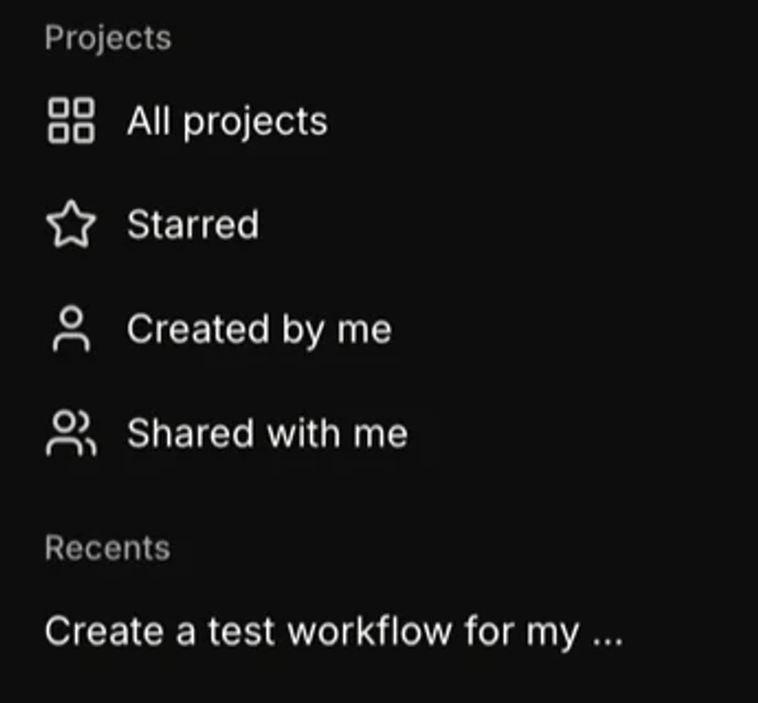 The sidebar’s Projects group: All projects, Starred, Created by me, Shared with me, and a Recents list below.