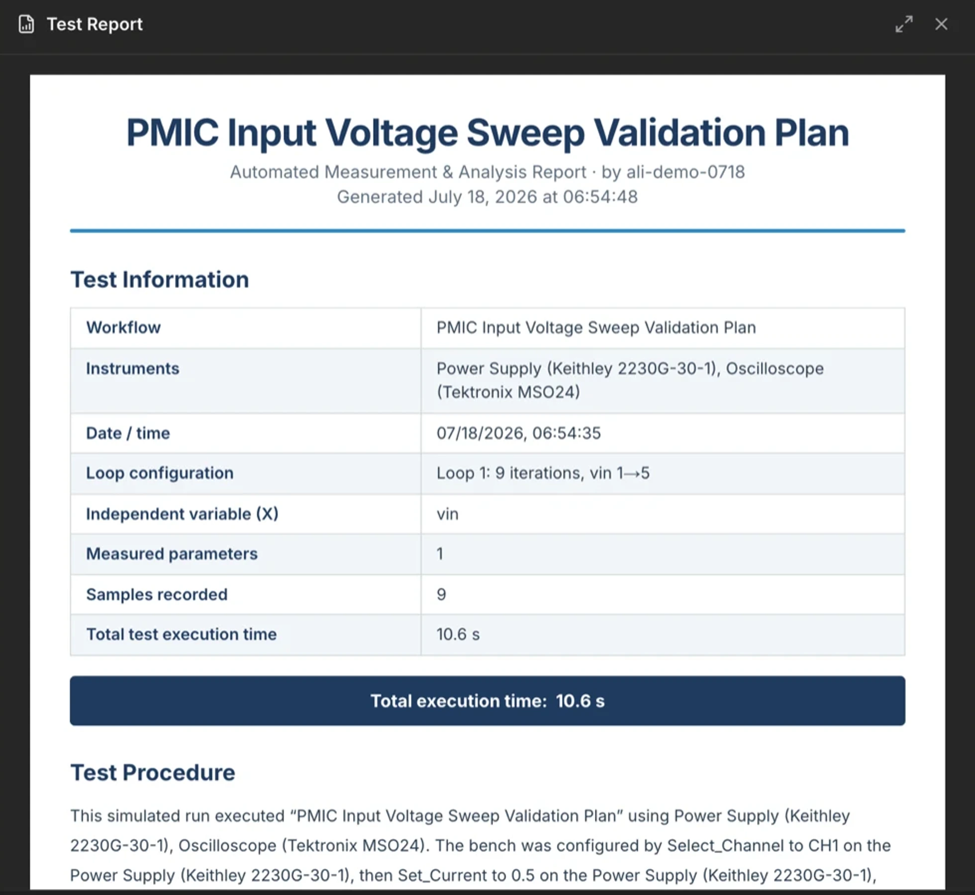 A generated test report: a title block, a test information table, a total execution time banner, and a written test procedure.