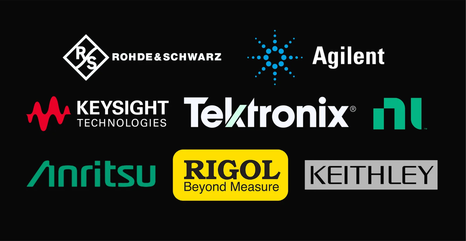 Supported instrument vendors including Rigol, Keysight, Tektronix, NI, and Keithley