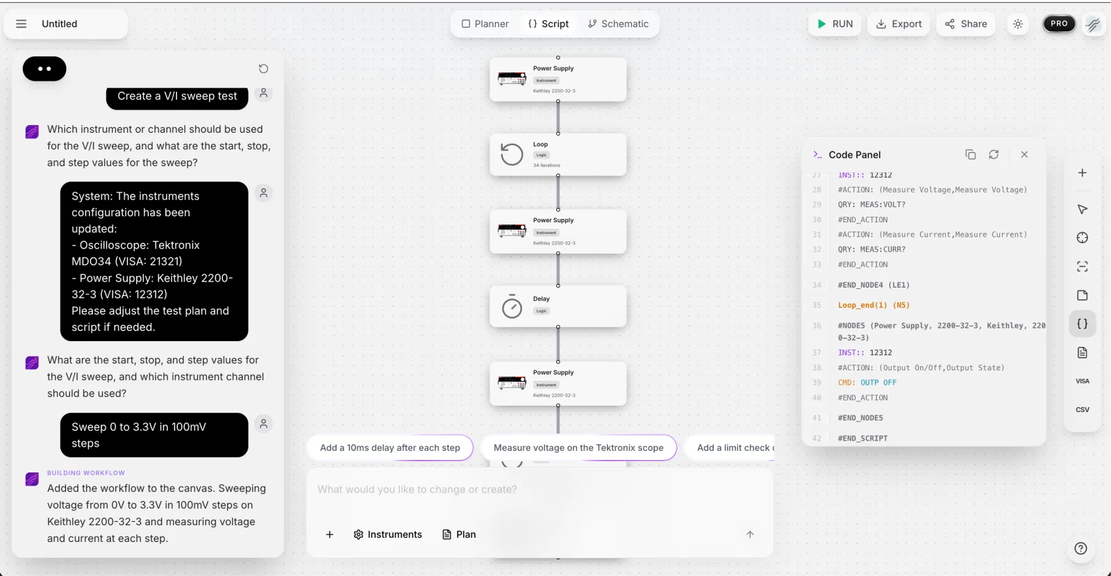 TestFlow agent generating a complete test workflow from a plain-English prompt