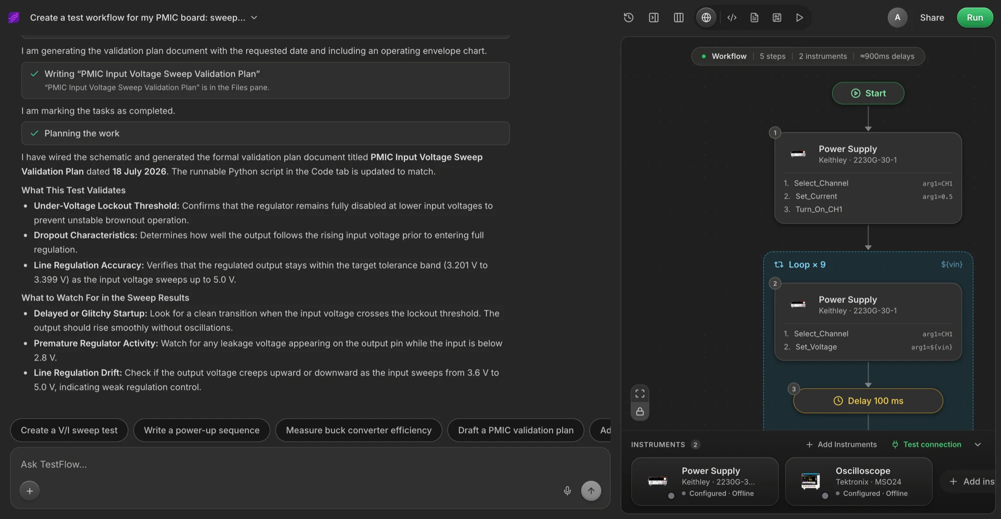 The agent chat: tool cards, a task checklist, and streaming explanation.