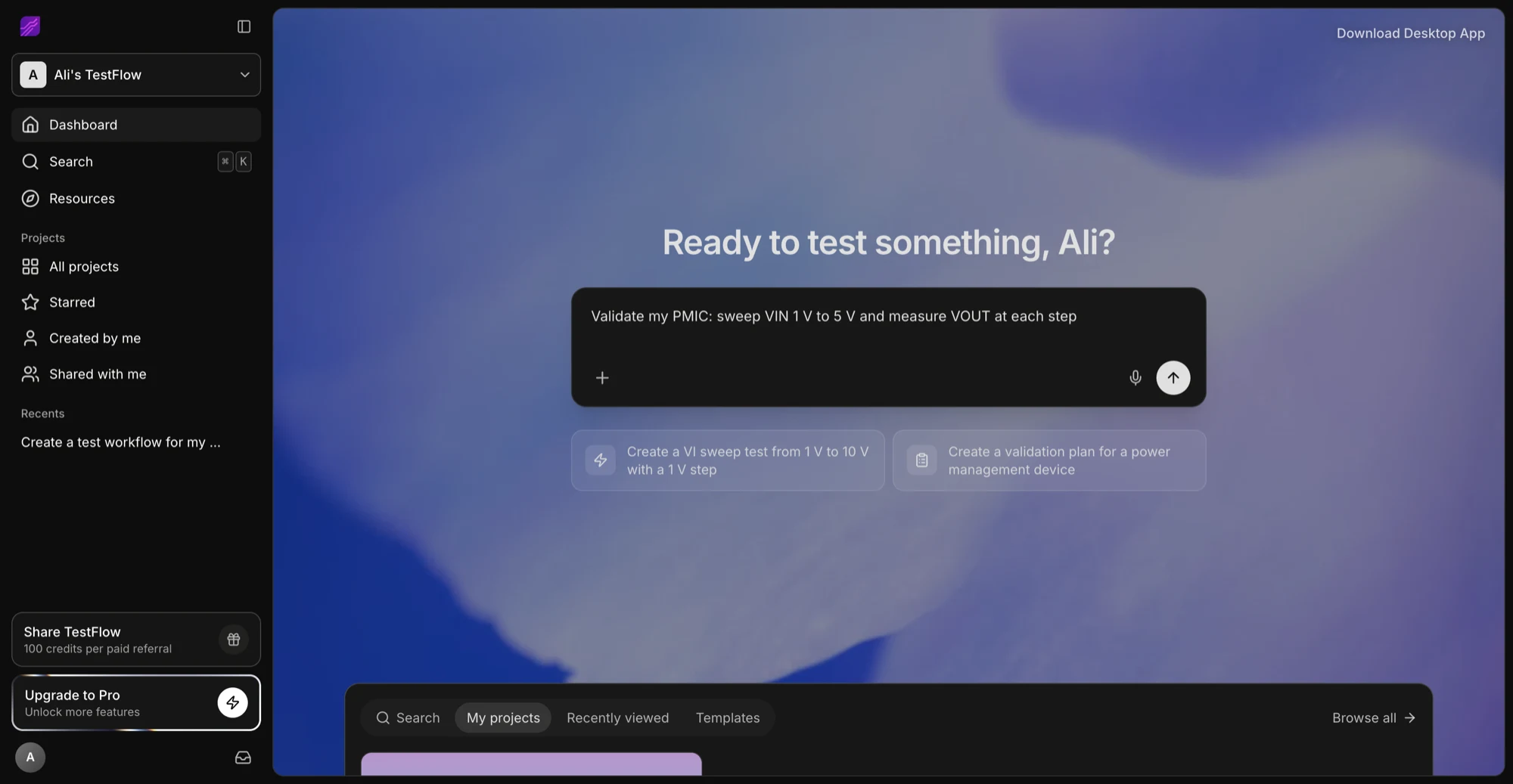 The TestFlow dashboard: a single prompt box where you describe what to test.