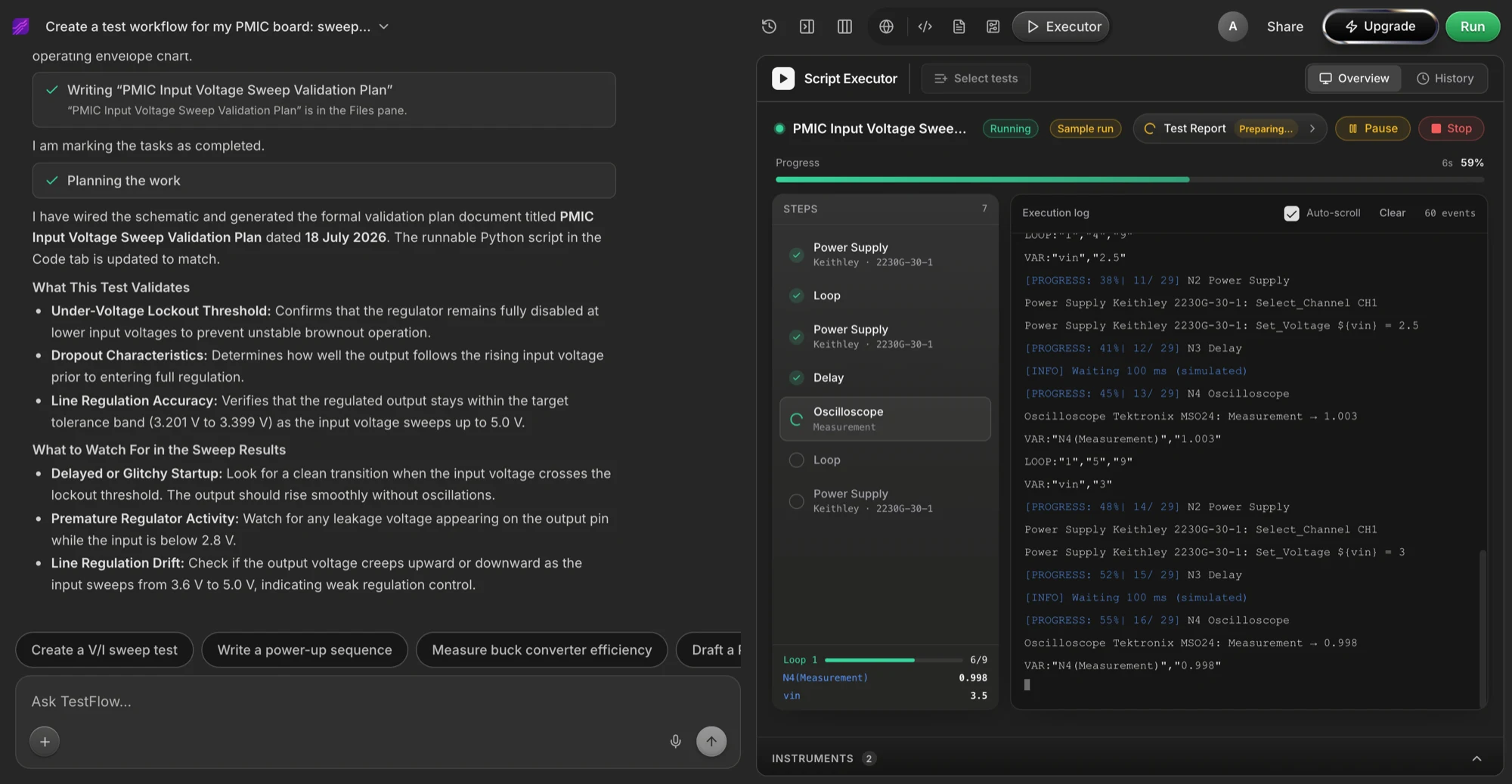 Executor mid-simulation: progress bar, steps rail, and streaming execution log.
