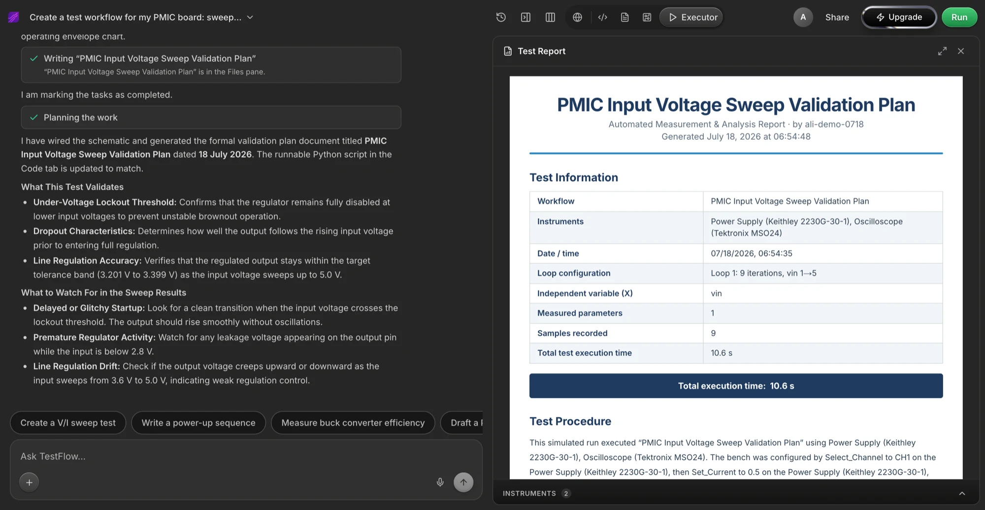 The generated Test Report with a test-information table and procedure.