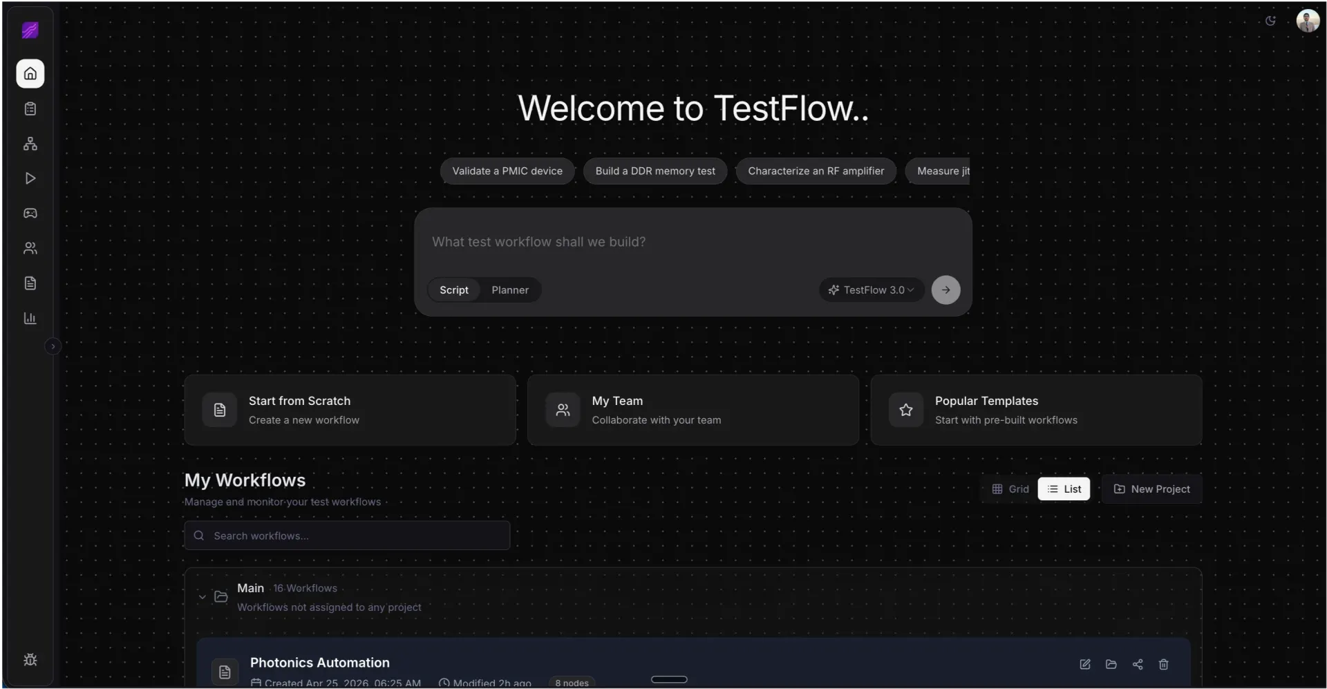 TestFlow dashboard with analytics and validation reports