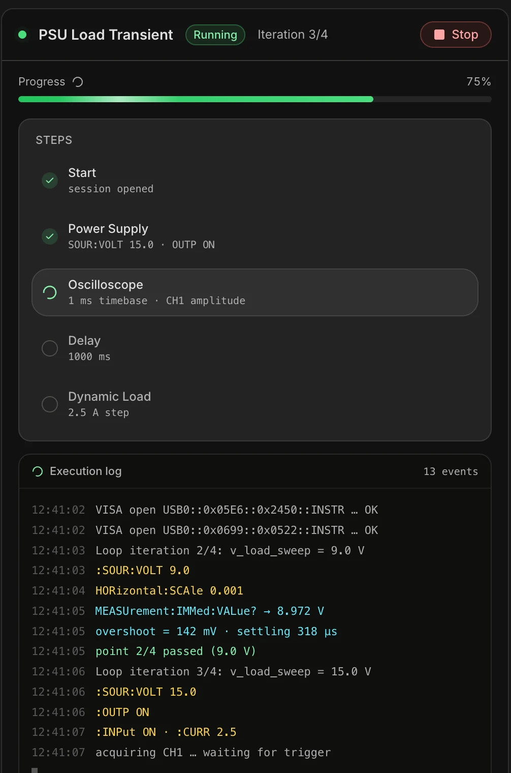 The TestFlow executer running a workflow on the bench with step progress and a live execution log