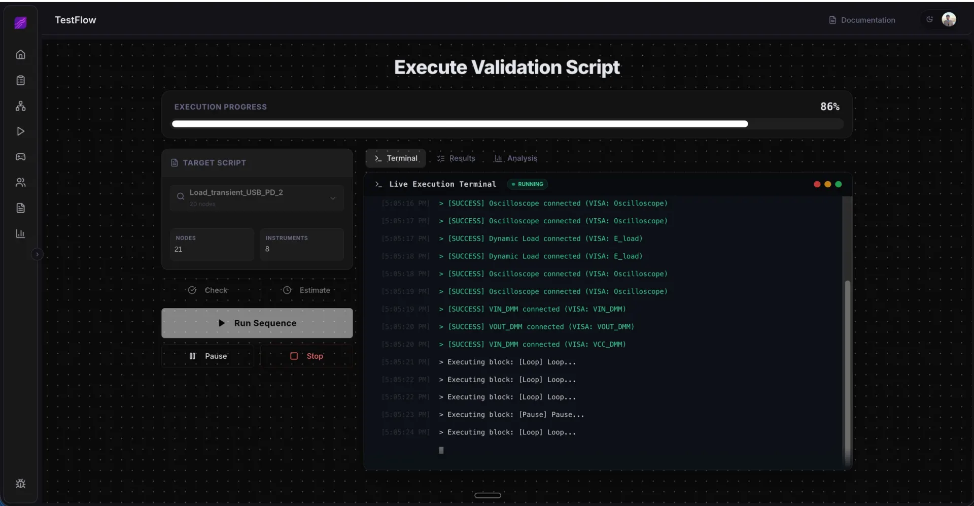 TestFlow Executer running multi-instrument validation sequences