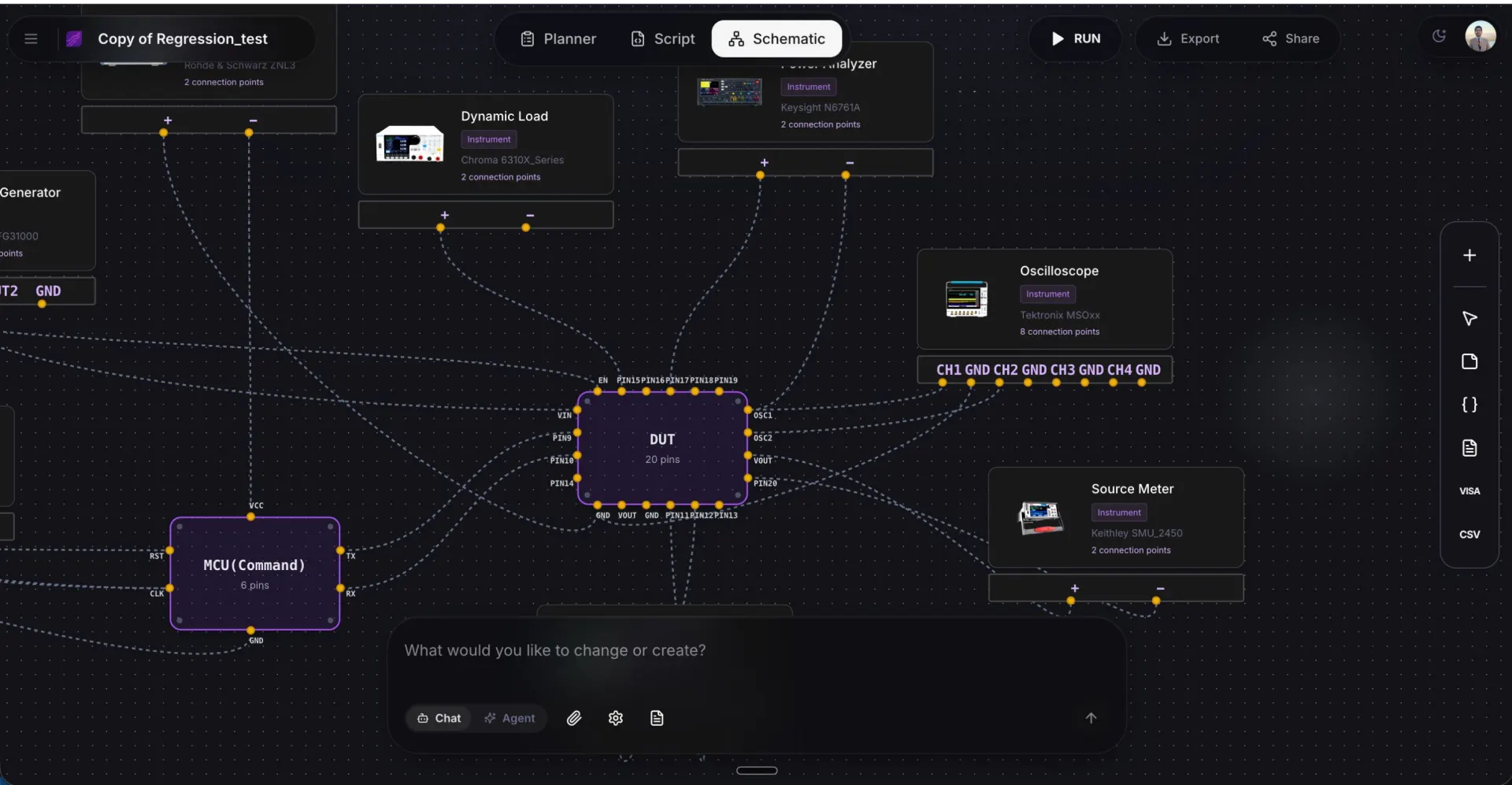 TestFlow visual schematic for connecting instruments